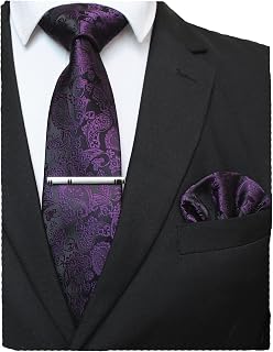 JEMYGINS Men's Solid Color Paisley Necktie Set with Pocket Square & Tie Clip - Silky Satin Polyester, Perfect Knots for Weddings & Business