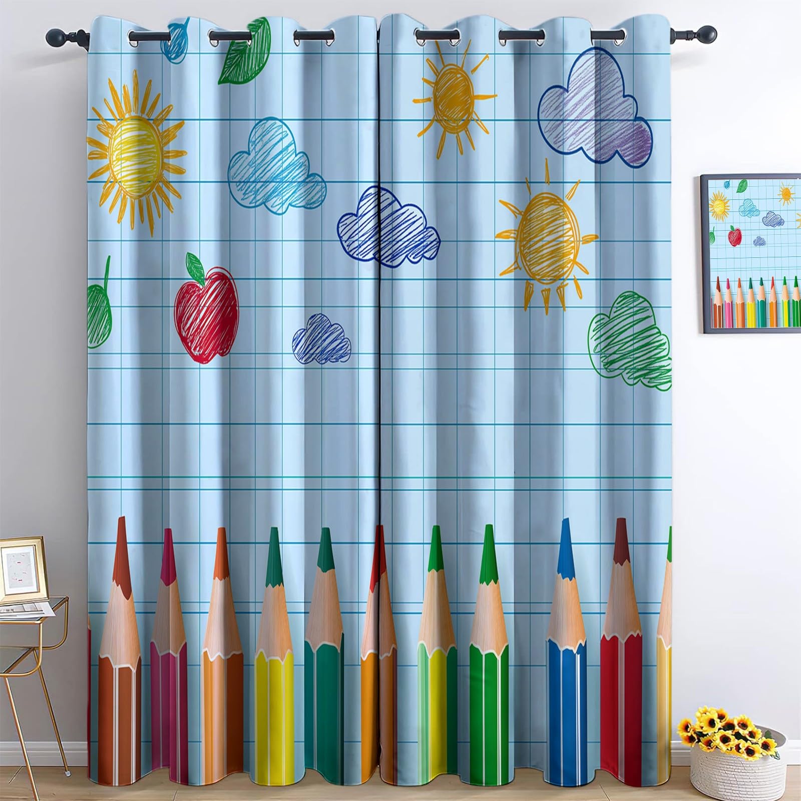 Rideaux Occultants Soleil Nuages, Draperies Opaque à Oeillets en Crayons Couleur - Rideaux de Thermique Anti-UV pour Chambre Salon Draperies Intérieurs 92L x 214H cm 2 Panneaux