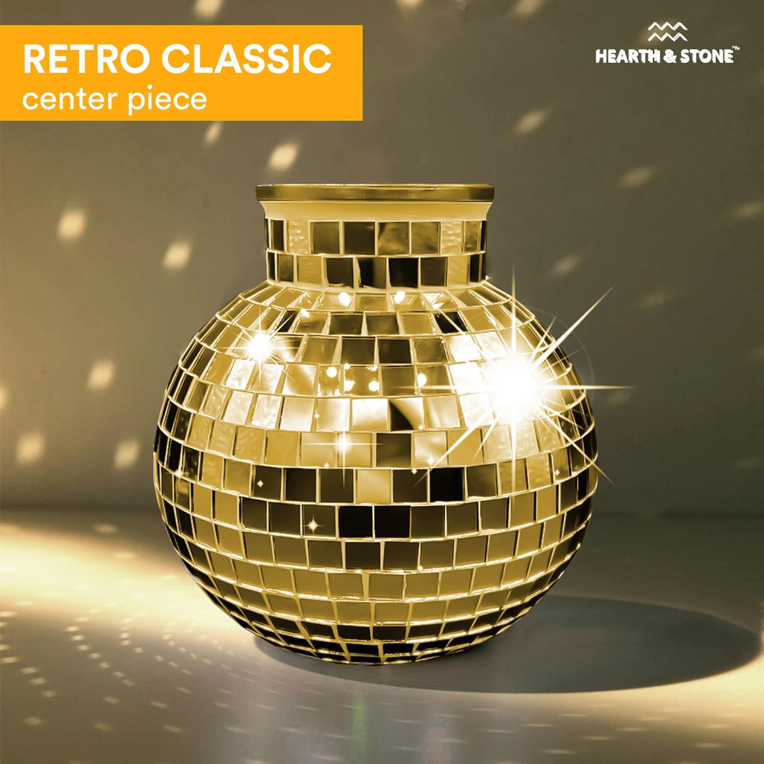 Disco Ball Planter | 7” Disco Ball Vase for Flowers & Plants | Handmade Gold Color Square Large Mirrors Center Piece | for Indoor & Outdoor Decor | Disco Ball Plant Holder Gold
