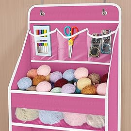 Univivi 5-Shelf Fabric Door Storage Over Door Hanging Organizer with 4 Large Pockets and 3 Small PVC Pockets Nursery Closet Cabinet Wall Mount Hanging Storage Organizers for Baby Nursery (Pink)