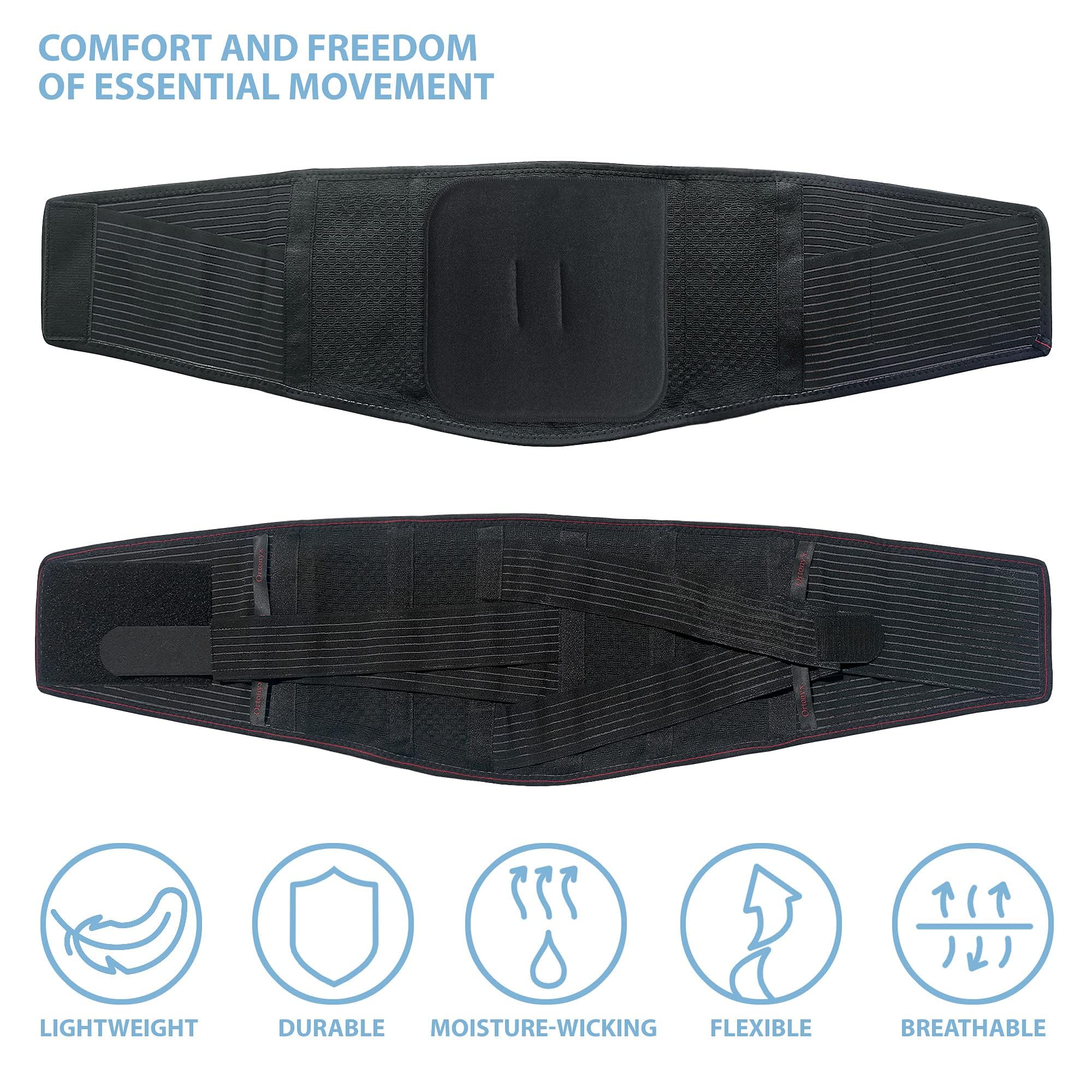ORTONYX Cinturón de soporte lumbar Soporte lumbosacro para la espalda - Diseño ergonómico y material transpirable - M/L (Cintura 80-100 cm) Negro