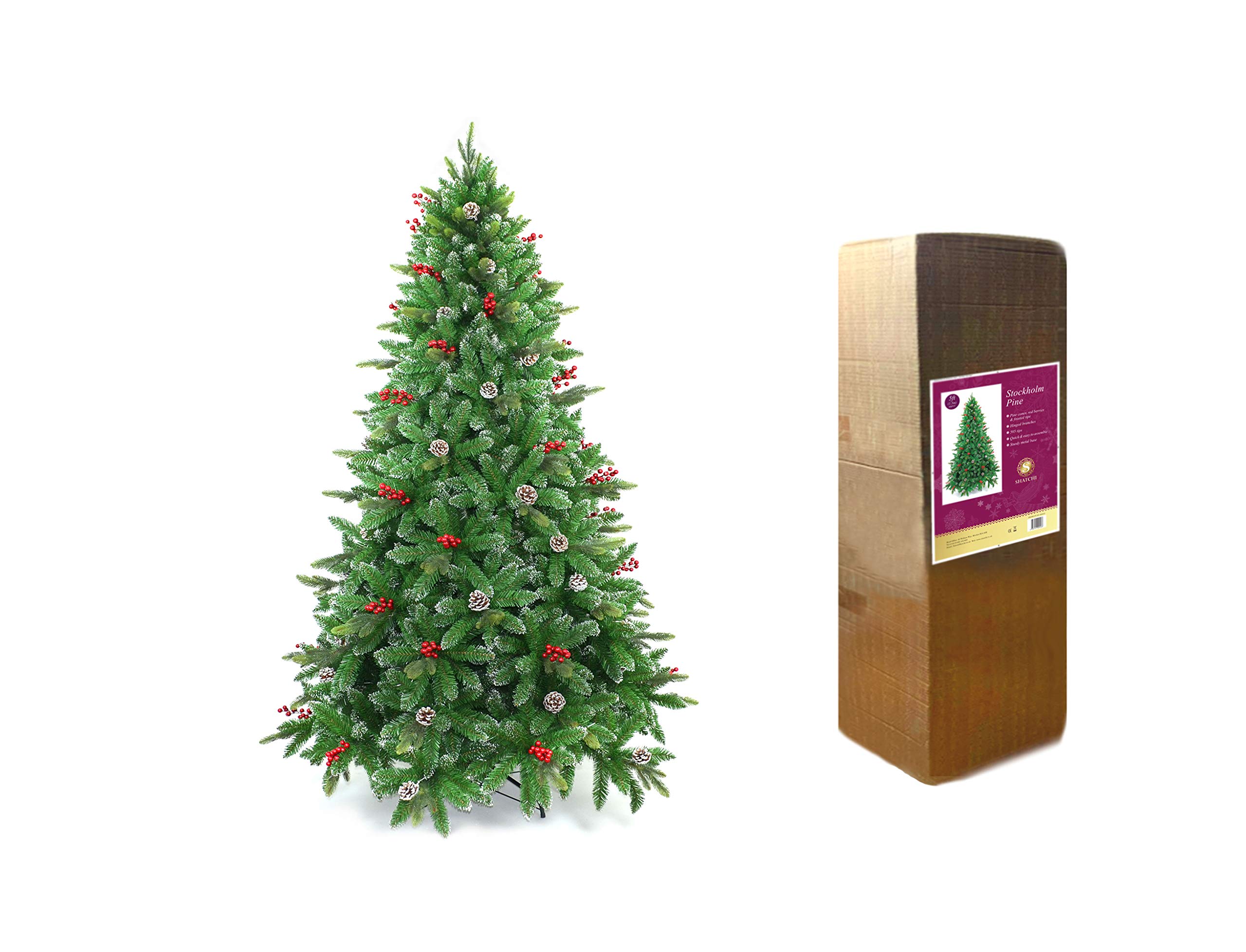 4ft/120cm Snowy Tips Artificial Christmas Tree with Berries, Frosted Cones, Stockholm Pine Luxury Natural Looking Flocked Tips, Hinged Bushy Branches, Metal Stand - Xmas Home Holiday Decorations