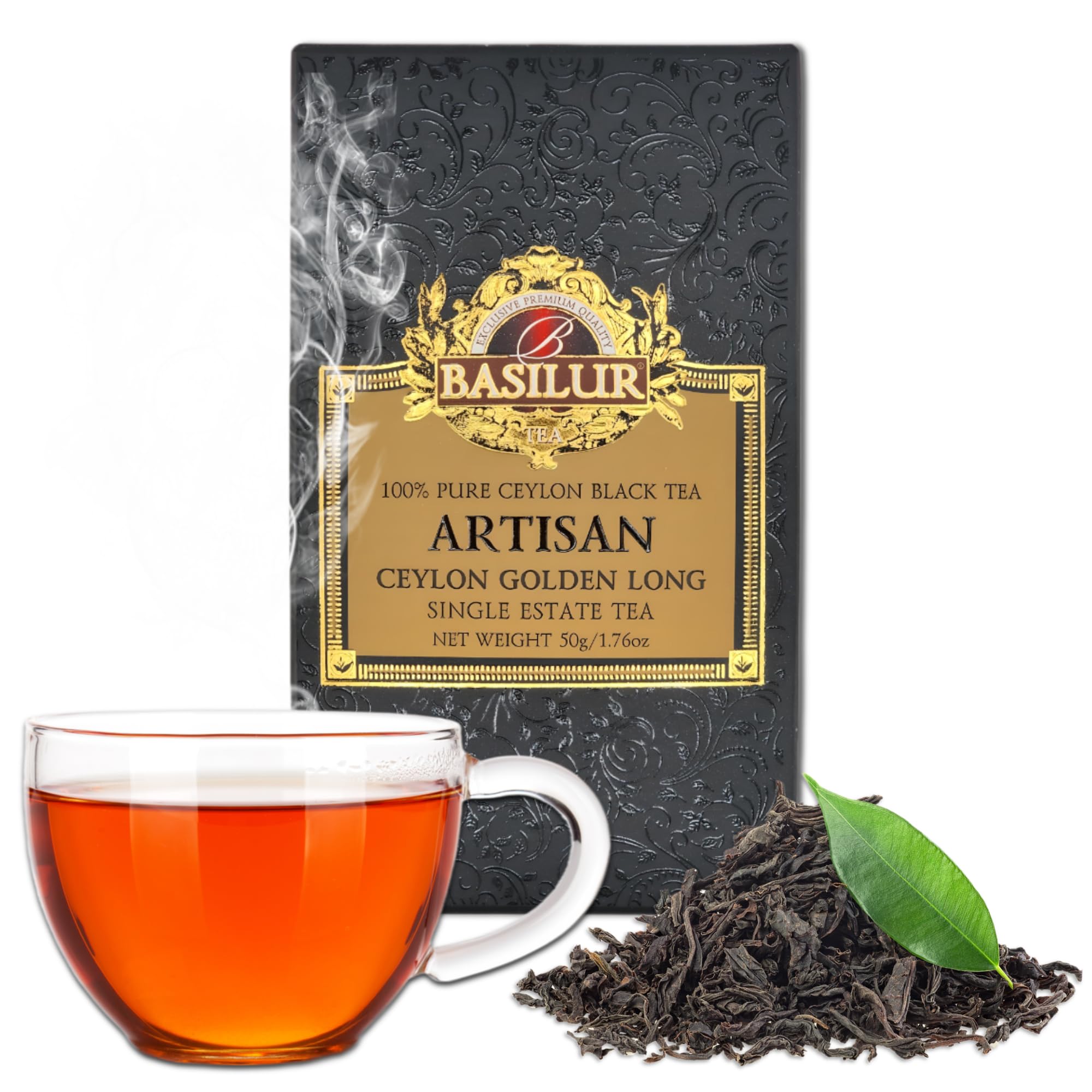 BasilurArtisan Collection - 100% Pure Ceylon Golden Long, Single Estate Loose Leaf Tea, 1.76oz - Premium Crafted Package with Resealable Freshness Pouch - Rich Antioxidants, Therapeutic Black Orthodox Whole Leaf