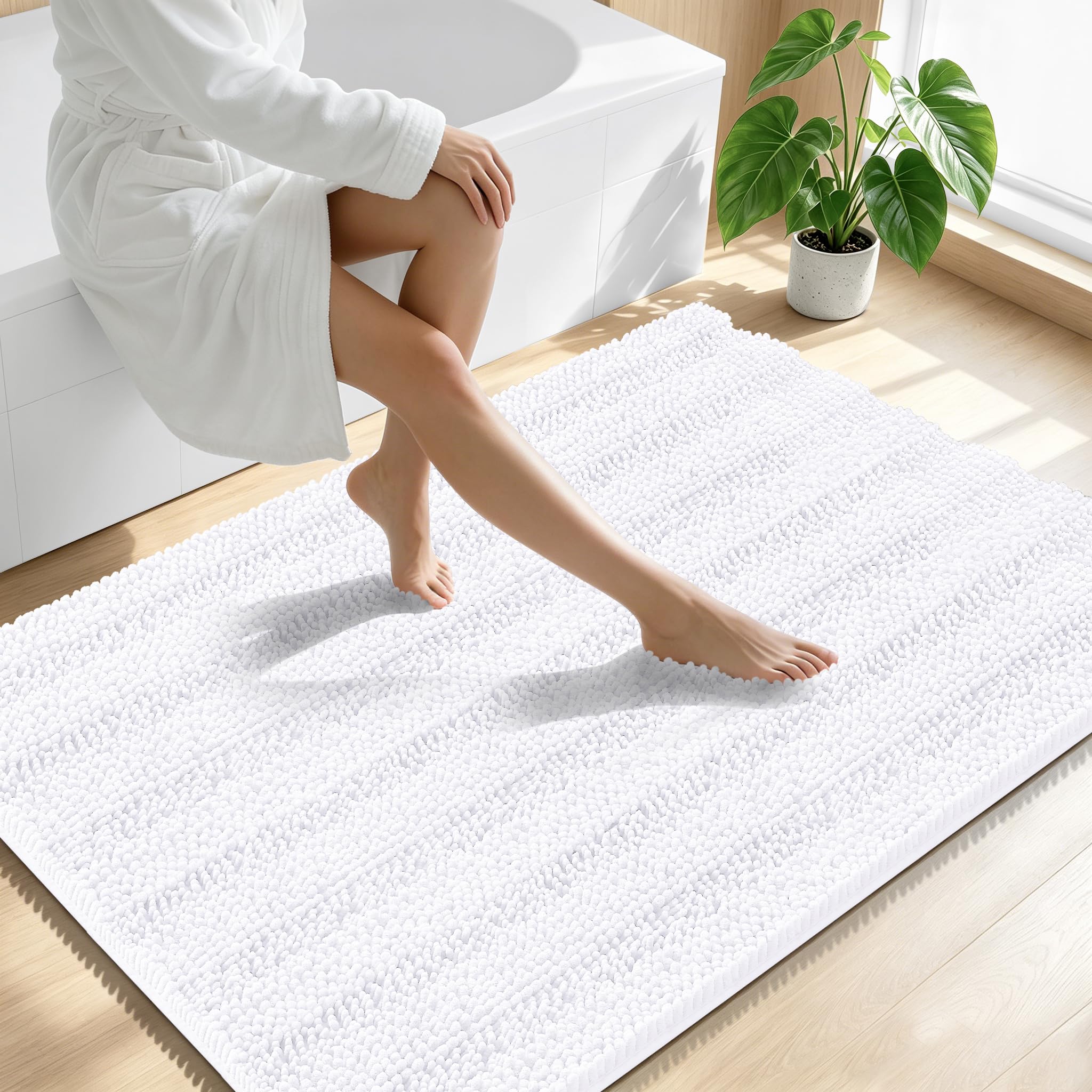 Smiry Thick Chenille Large Bathroom Runner Rugs 47x32, Soft Bath Mat, White