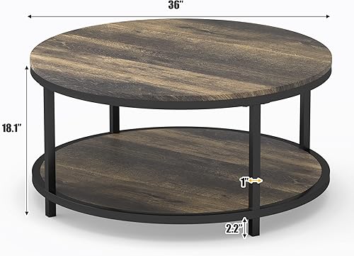 Miniatura 31 de WiberWi Mesa de centro redonda de 35.8 pulgadas para sala de estar, mesa de cóctel industrial rústica con marco de metal resistente y estante de