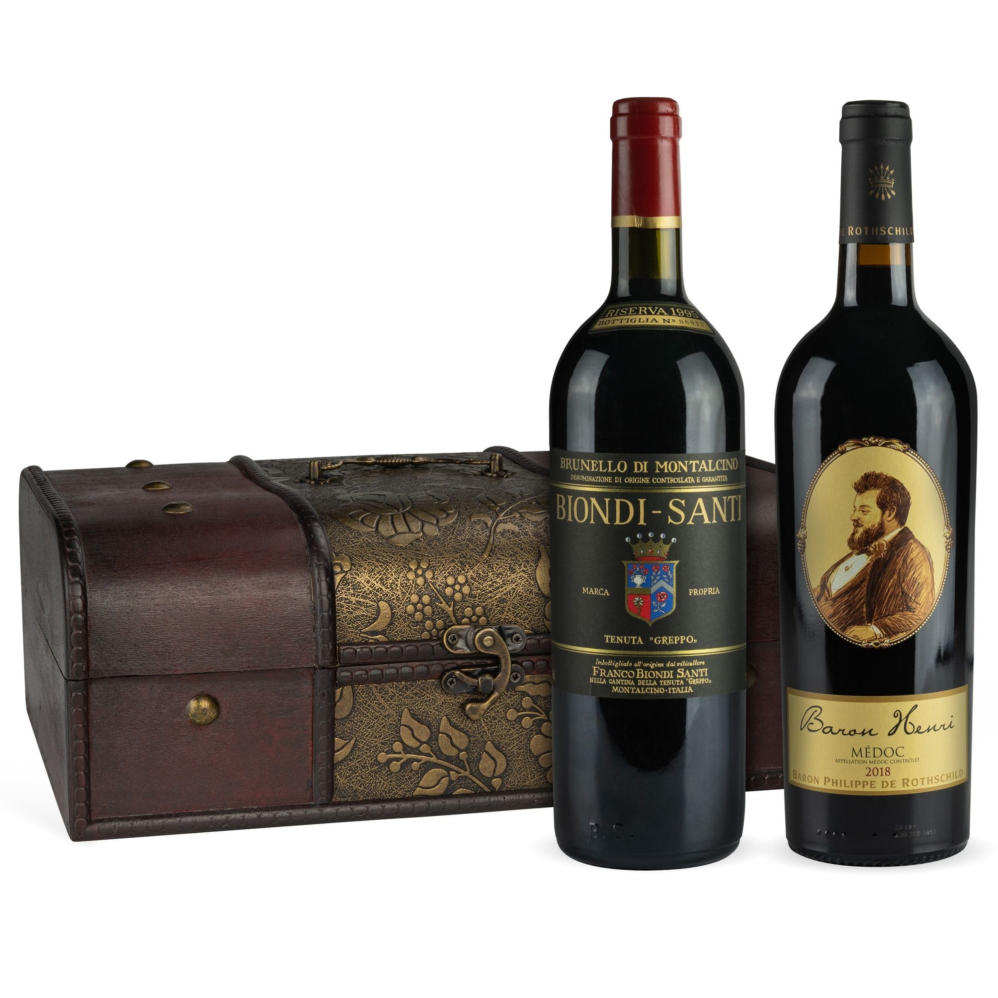teure Rotweine im Vergleich - 1 x Biondi Santi 'Brunello di Montalcino' Riserva 1995 (0.75 l) 1x Baron Philippe de Rothschild 'Baron Henri' A.O.C. Medoc 2018 (0.75 l) in edler Vintage-Holzbox