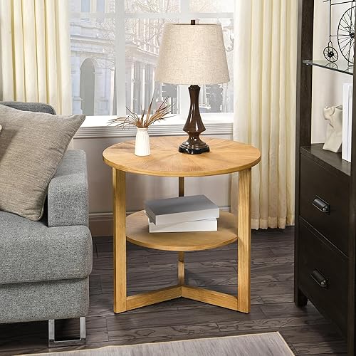 Miniatura 10 de MODERION Mesa auxiliar redonda, mesa auxiliar rústica con estante de almacenamiento, mesa auxiliar circular clásica de madera maciza, mesa de Marrón