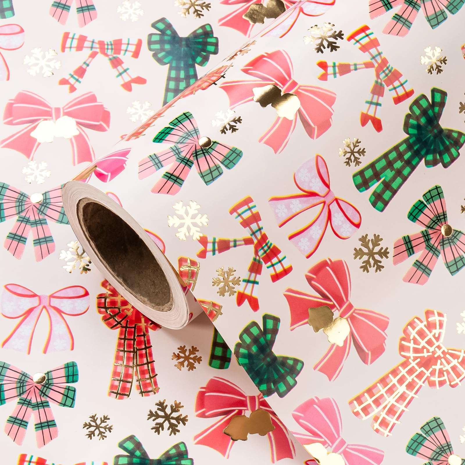 RUSPEPA Bow Christmas Wrapping Paper - Mini Roll - 43.2cm x 5m - Gold Foil Snoflakes ans Plaid Bow Wrapping Paper for Girl Boy Kids, Christmas, โ image 1