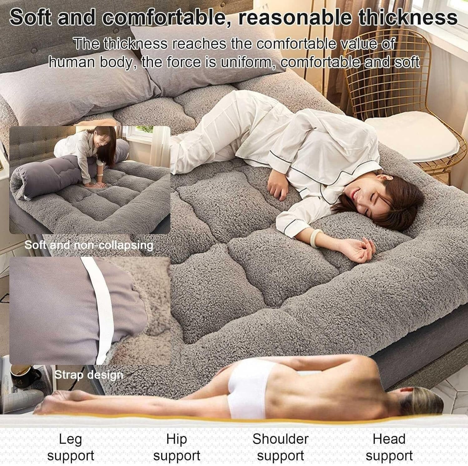 Colchón futón japonés, colchón futón de suelo esponjoso extra grueso, almohadillas para dormir enrollables peludas súper suaves, colchoneta portátil para dormir, colchón para sofá, cama para invitados