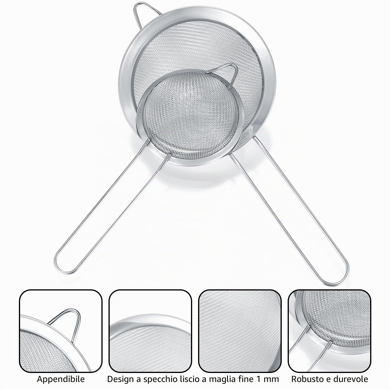 4 Pezzi Colino/Setaccio/Scolapasta in Acciaio Inox, Cucina Scolapasta Setaccio Colino Filtro Maglia fine con Maniglia per Dolci Pasta Riso Verdura