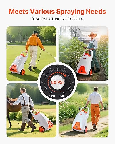 Miniatura 32 de VEVOR Pulverizador de malezas de jardín de 15 galones con carrito con ruedas, manguera de 126 pies con carrete, 8 boquillas, 2 varitas con gatillo