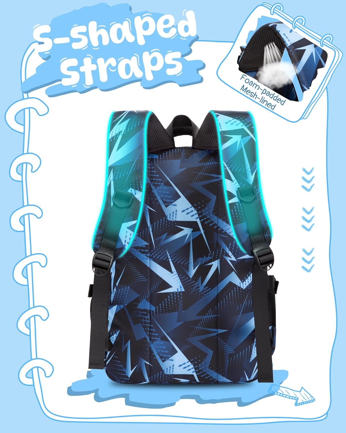 BLUEFAIRY Kids School Backpack for Boys Girls Ages 6-8 8-10 10-12 Elementary Middle School Book Bags with Laptop Compartment Mochilas Escolares para Niños Niñas de 8 10 12 Años (Blue, Geometric) - Image 4