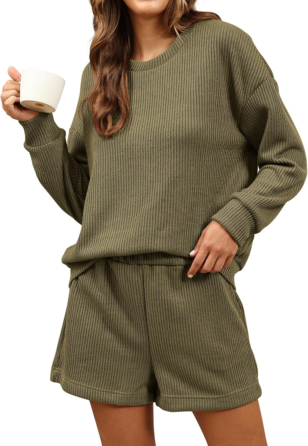 ZMJ Waffle Knit Pajamas for Women 2 Piece Sweatsuit with Pockets