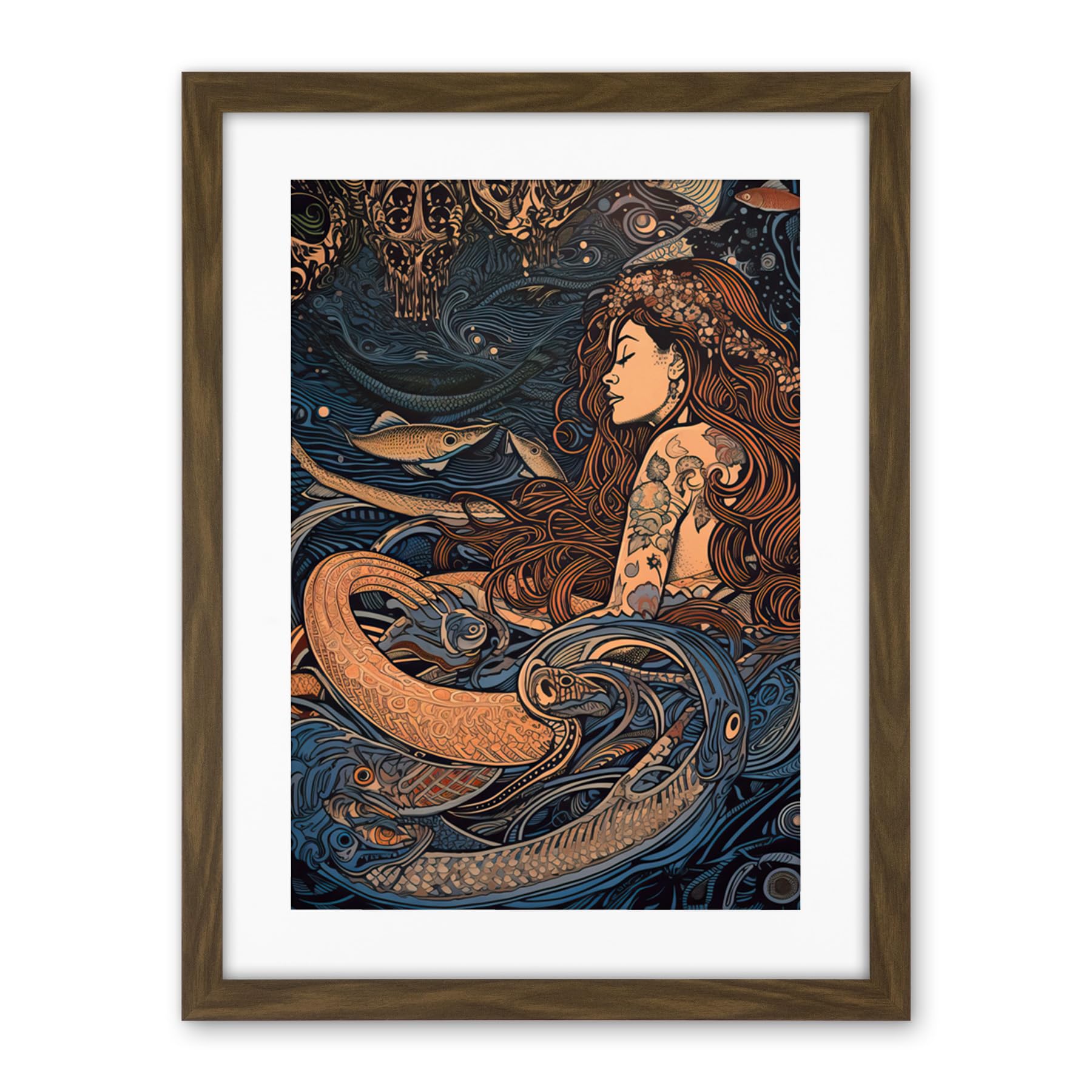 Artery8 Little Mermaid and Aquatic Animals Illustration Artwork Framed Wall Art Print 18X24 Inch