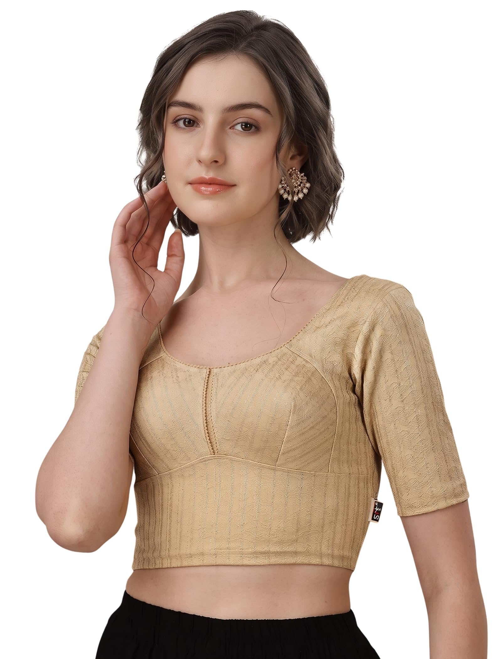 sft Round Neck Cotton Lycra Stretchable Elbow Sleeves Readymade Saree Blouse for Women Stylish-picture-8