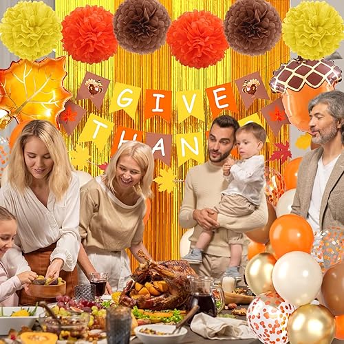 Miniatura 5 de Set de Decoraciones para Fiesta de Otoño y Acción de Gracias, Incluye Bandera de Dar Gracias, Cortina con Flecos, Flores de Papel, Guirnalda de