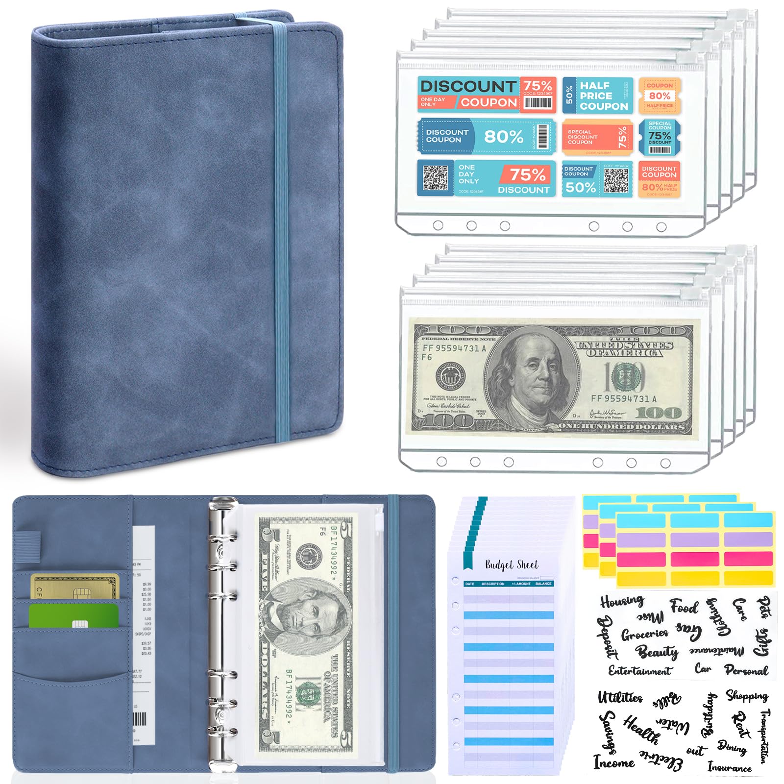 LINTRU Premium Pu Leather A6 Binder with Zipper Envelopes, Expense Budget Sheets and Stickers, Savings Binder for Budgeting (Blue)