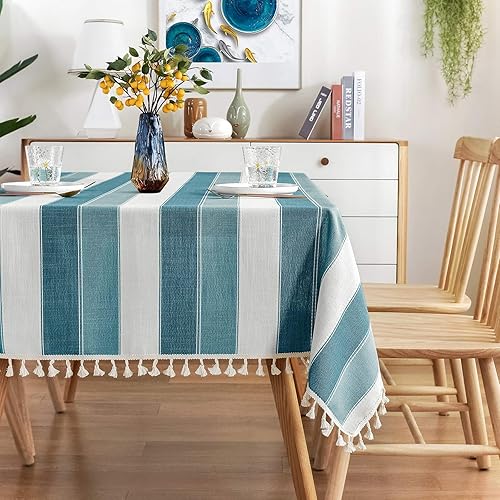 AmHoo Mantel rectangular de tela de lino y algodón con borlas a rayas para mesa de cocina, comedor, 55 x 70 pulgadas, color verde azulado