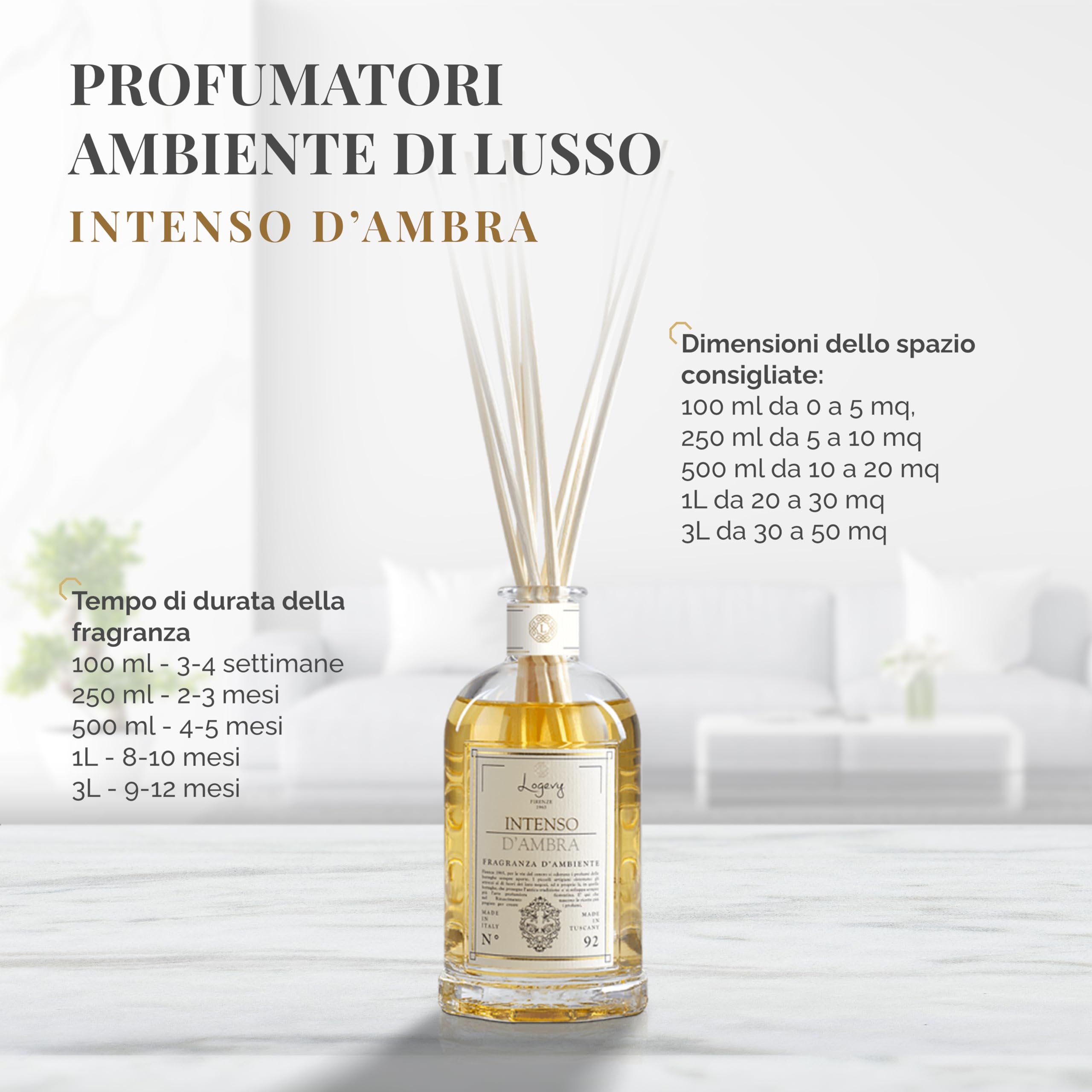 LOGEVY - Profumatore per Ambienti per il Benessere della Persona e della Casa - Intenso d'Ambra (500 ml NEW 2022)