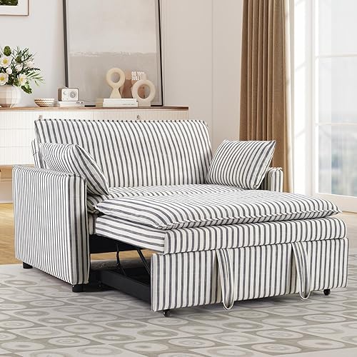 3-in-1 Convertible Futon Sleeper Sofa Bed, Loveseat Couches with Pullout Bed, 2-Seater Sofa with 3-Level Adjustable Backrest and Toss Pillows for Living Room, Grey Stripe