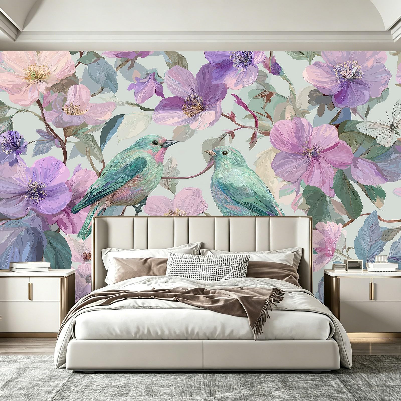 Fototapeta francuski ptak kwiatowy motyl zielony niebieski tapeta z włókniny dekoracja salonu sypialni kobiety, 300 x 210 cm