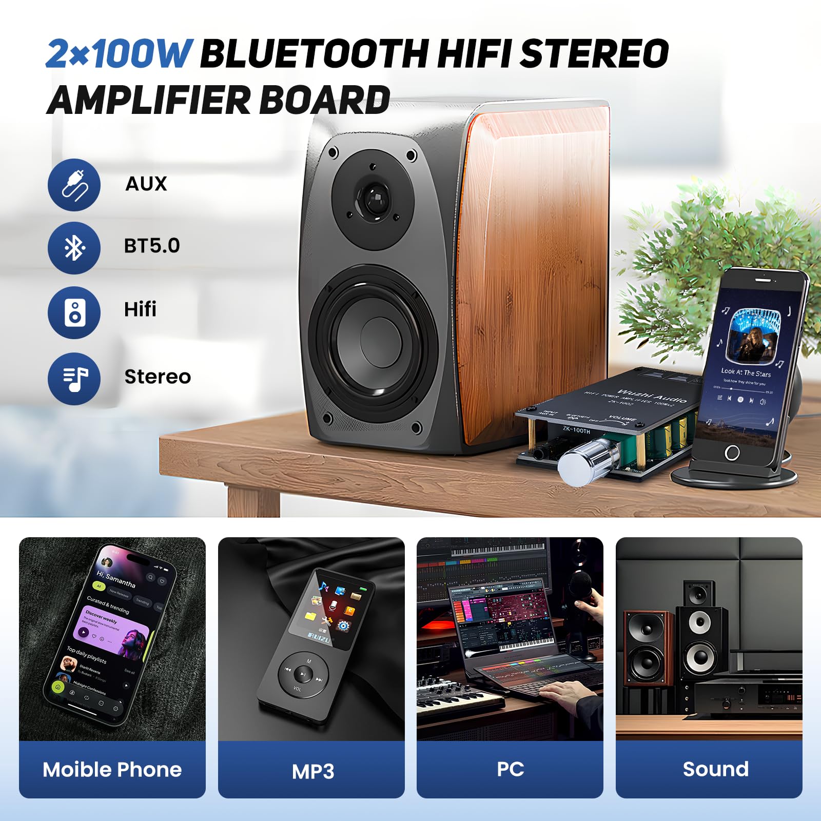 Scheda amplificatore audio Bluetooth 200 W TPA3116,2 x 100 W con filtro LC,Stereo Hi-Fi Digital Amp 2.0 Channel,DC 8-24 V, connessione silenziosa senza password per telefono, per casa o nomade
