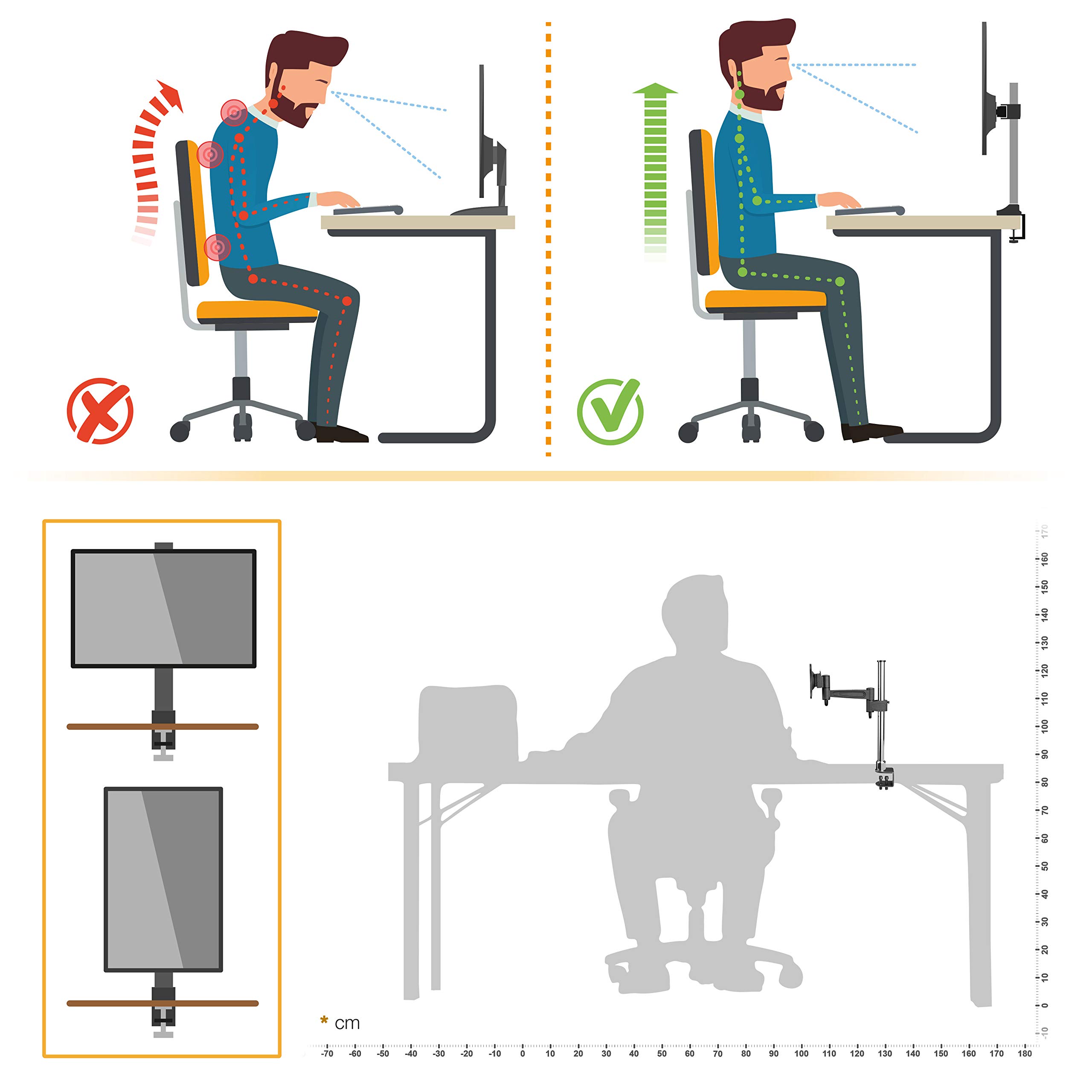 RICOO TS2211 Support Écran PC TV 13 17 19 22 24 27 28 32 Pouces Orientable Inclinable Rotatif Universel Bras Articulé Fixation Bureau Pince de Table VESA 75x75 100x100