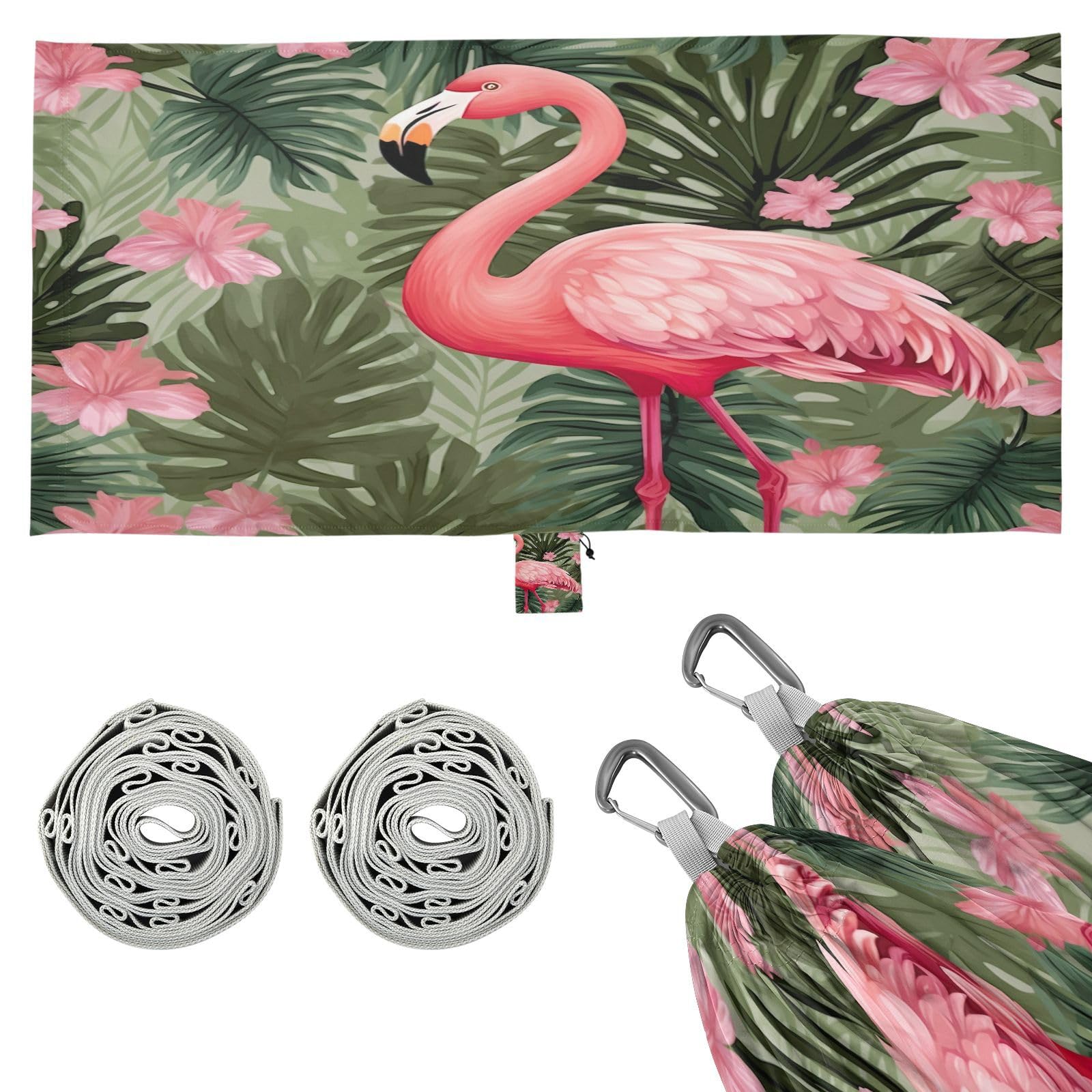 SDMKA Pink Flamingo Camping Hammock, 330 lbs with 2 Tree Straps, Carry Bag, Single Portable Hammock for Outdoor/Indoor, Hiking, Beach, Backpacking, Travel