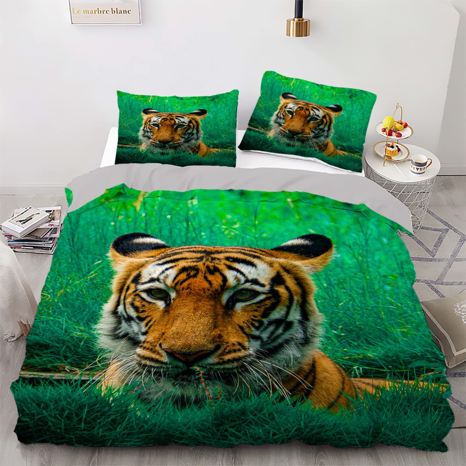Housse de couette 200x200 tête de tigre avec 2 taies d'oreiller