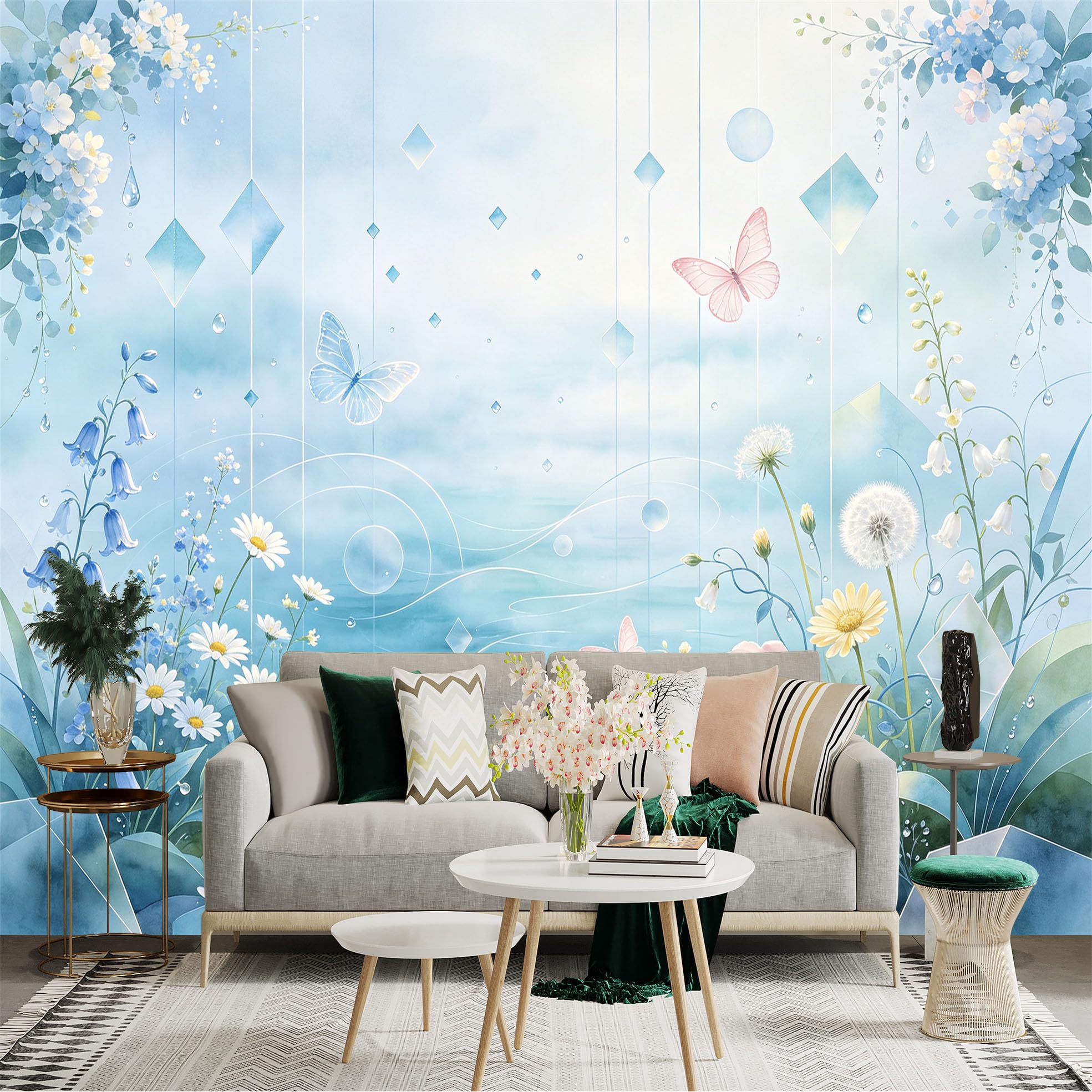 Custom Size Wall Sticker Mural， Dreamy Floral Garden with Butterflies， Soft Watercolor Meadow， Gentle Floating Bubbles， for wall Decoration， peelandstick wall Decals.