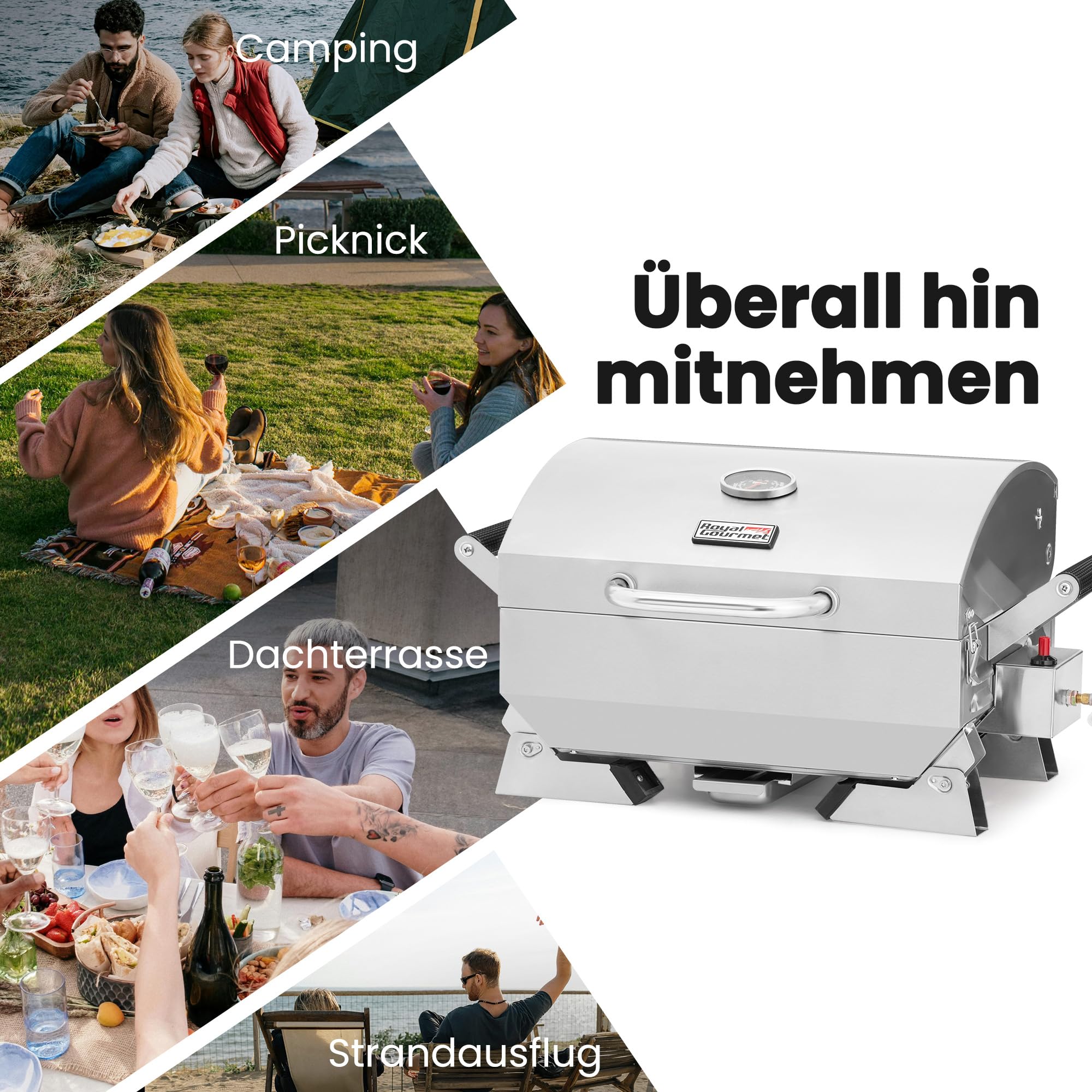Royal Gourmet Edelstahl Tragbarer Gasgrill, Compact Tischgrill mit Zwei Griffen und Reiseschlössern, Klappbaren Beinen, 3 kW BBQ Campinggrill für Balkon, Picknick Silber