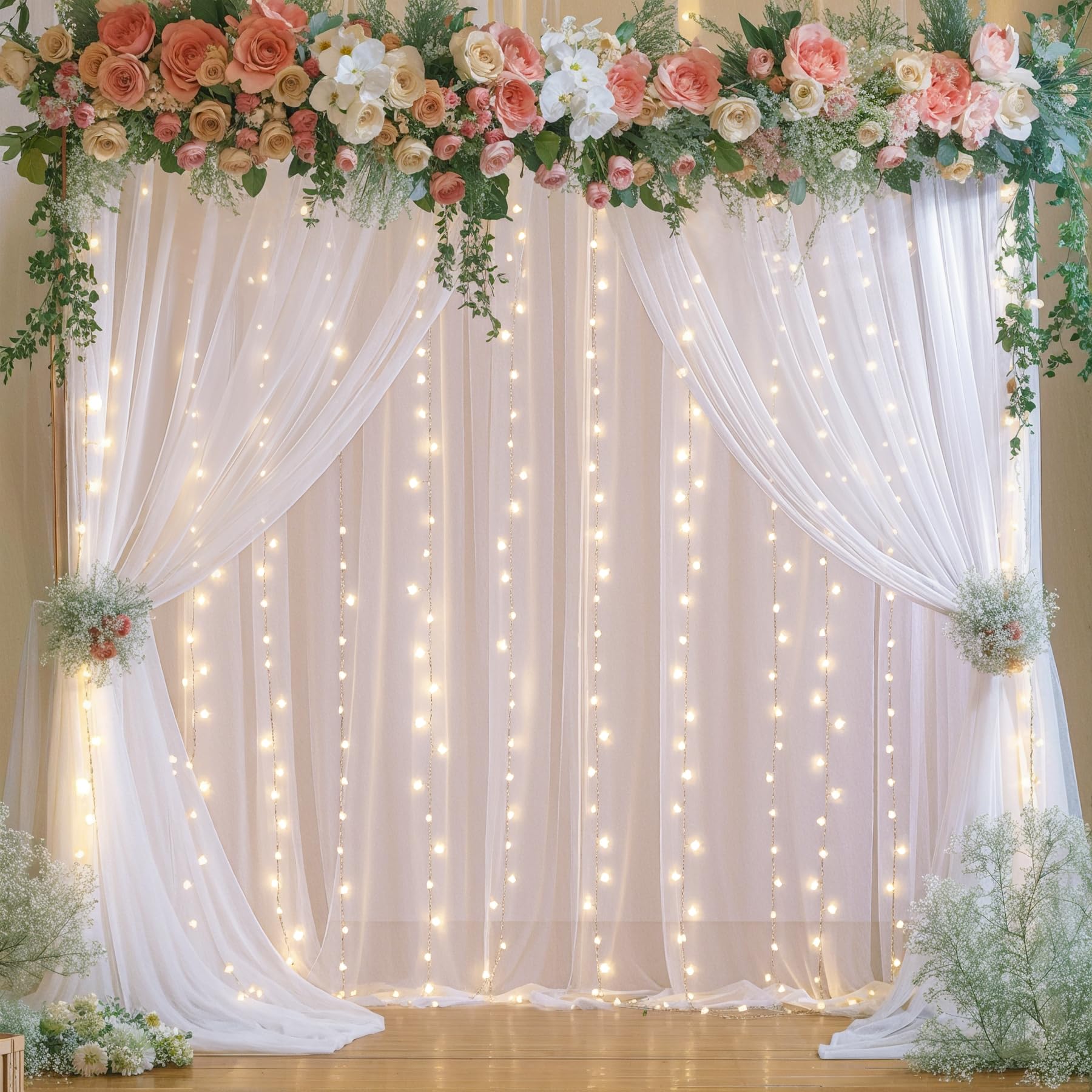 Rideau de fond en tulle blanc avec guirlande lumineuse, 3,05 x 3,05 m pour mariages, baby showers, fêtes d'anniversaire, toile de fond transparente infroissable, facile à installer, décorations
