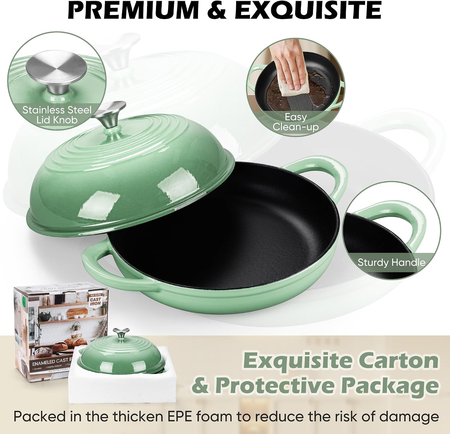 Bread Dutch Oven for Sourdough Baking (5.5 QT), Joyfair Enameled Cast Iron Dutch Oven Pot with Lid, Sourdough Bread Pan with Dual Handles, Non-Stick & Even Heat, Oven-safe up to 500°F, Pistachio Green