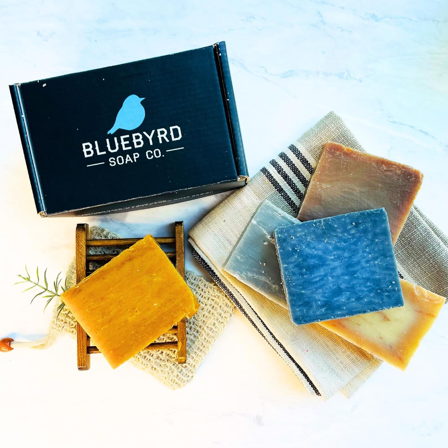 Bluebyrd Soap Co. Artisan 6 Pack Handmade Mens Soap Bars, Masculine Fragrance Scented Bar Soap for Men Variety Set, Natural Men's Exfoliating Soap Gift for Him, Mens Gift Pack, Sandalwood, Citrus Cedar Sage, Bay Runner, Deep Sea Pumice, Woods, Mountain, 4.6oz bars each (Masculine)