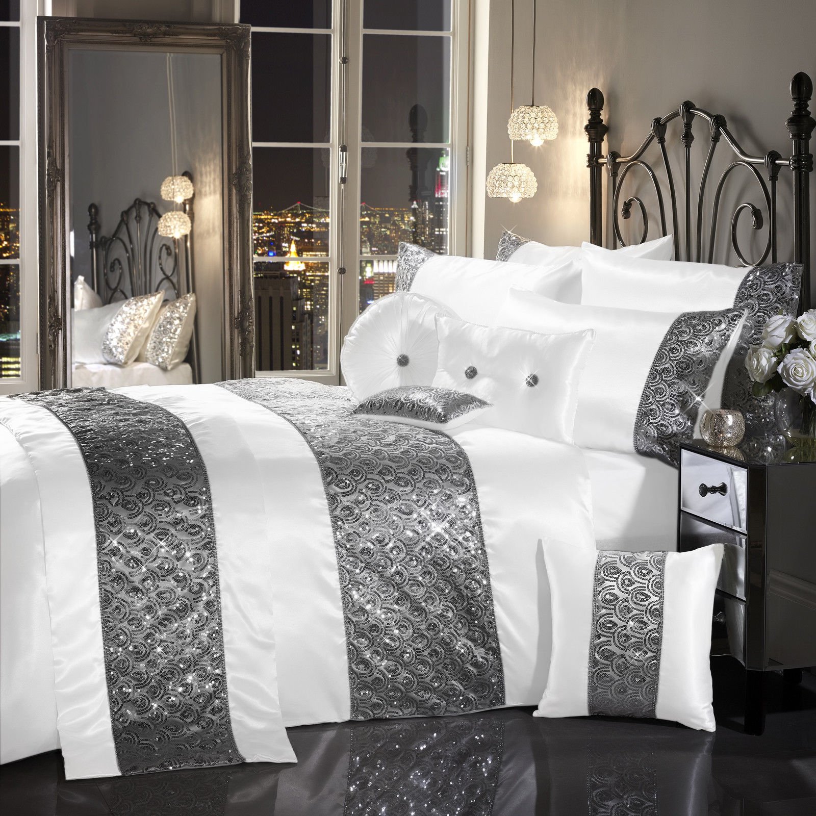 SPARKLE SEQUIN Luxury Diamante Bedding Bedroom Collection White (Super king Duvet Cover Inc P/Case)