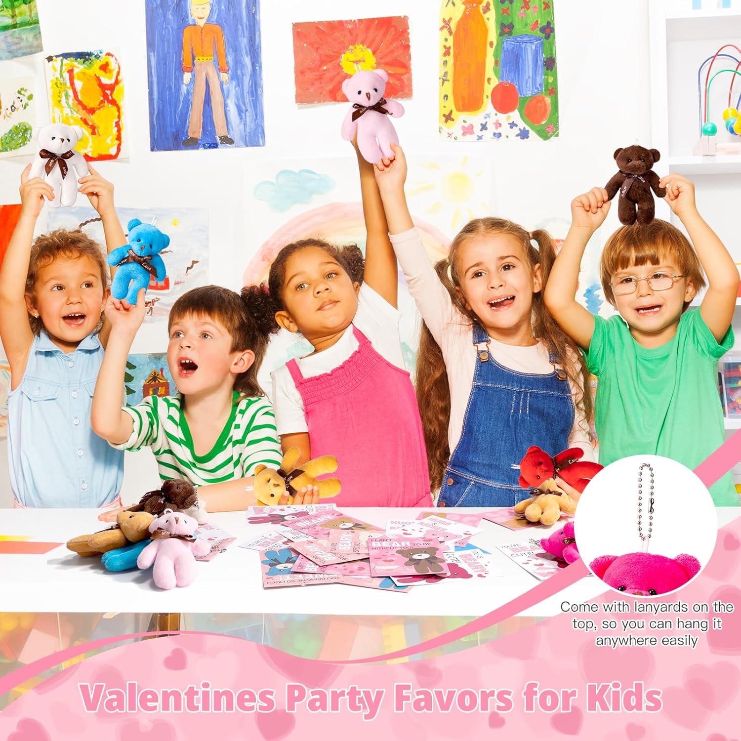 28 Pack Valentine's Day Gift Cards for Kids with Mini Bear Plush Toys Keychain, Mini Stuffed Animal Plush Toys Party Favors for Valentines Day Gifts, Kids Classroom School Exchange Valentines Gifts