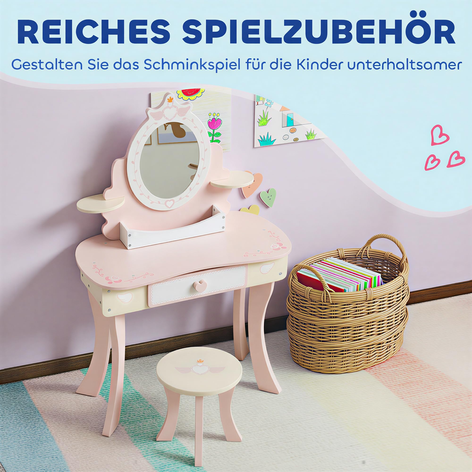 AIYAPLAY Schminktisch Kinder, 2-in-1 Kosmetiktisch mit abnehmbaren Spiegel, Schublade, Hocker, Regal, 7-teiligem Spielzubehör Schminktisch-Set für Kinder ab 3 Jahre, Rosa