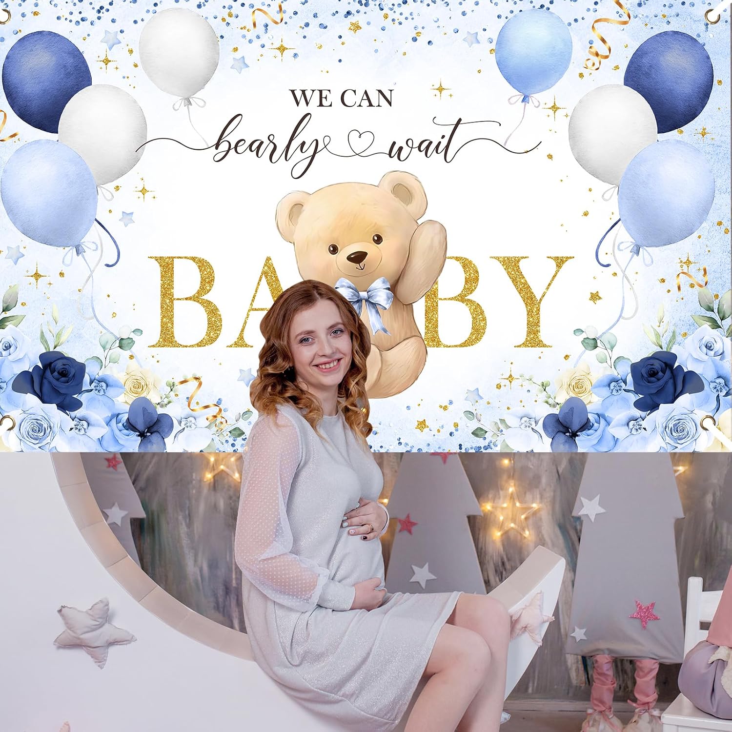 Avezano Bear Baby Shower Backdrop for Boy Blue Flower Balloons We can Bearly Wait Party Banner Bear Baby Shower Party Decorations Banner (6x3.6ft)