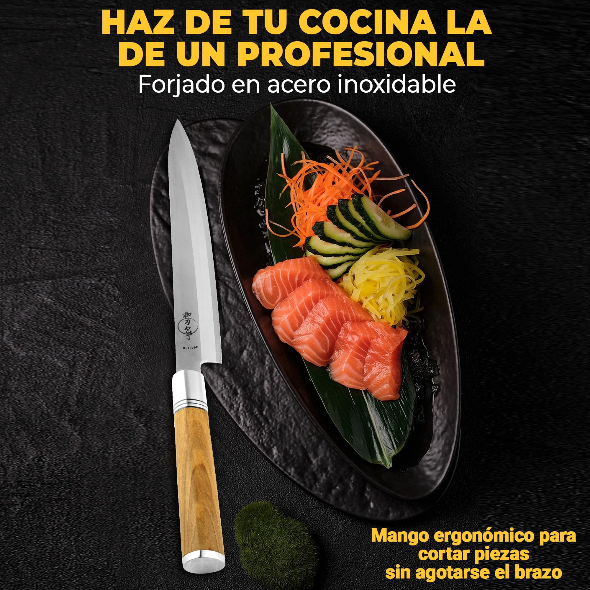 Alfa Mi Couteau japonais à sushi. Couteaux japonais yanagiba cuisine professionnelle 27 cm, ustensiles de cuisine fileter le saumon, manche en bois d'olivier et fourreau