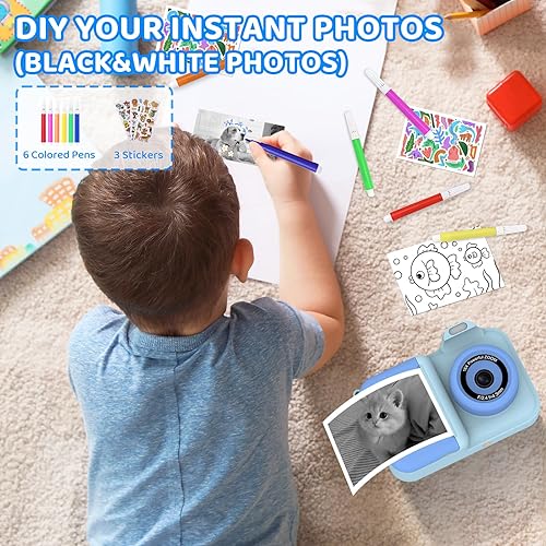 Miniatura 6 de Cámara de impresión instantánea para niños, selfie de doble lente HD de 1080P, cámara digital para niños pequeños con 5 rollos de papel y tarjeta de