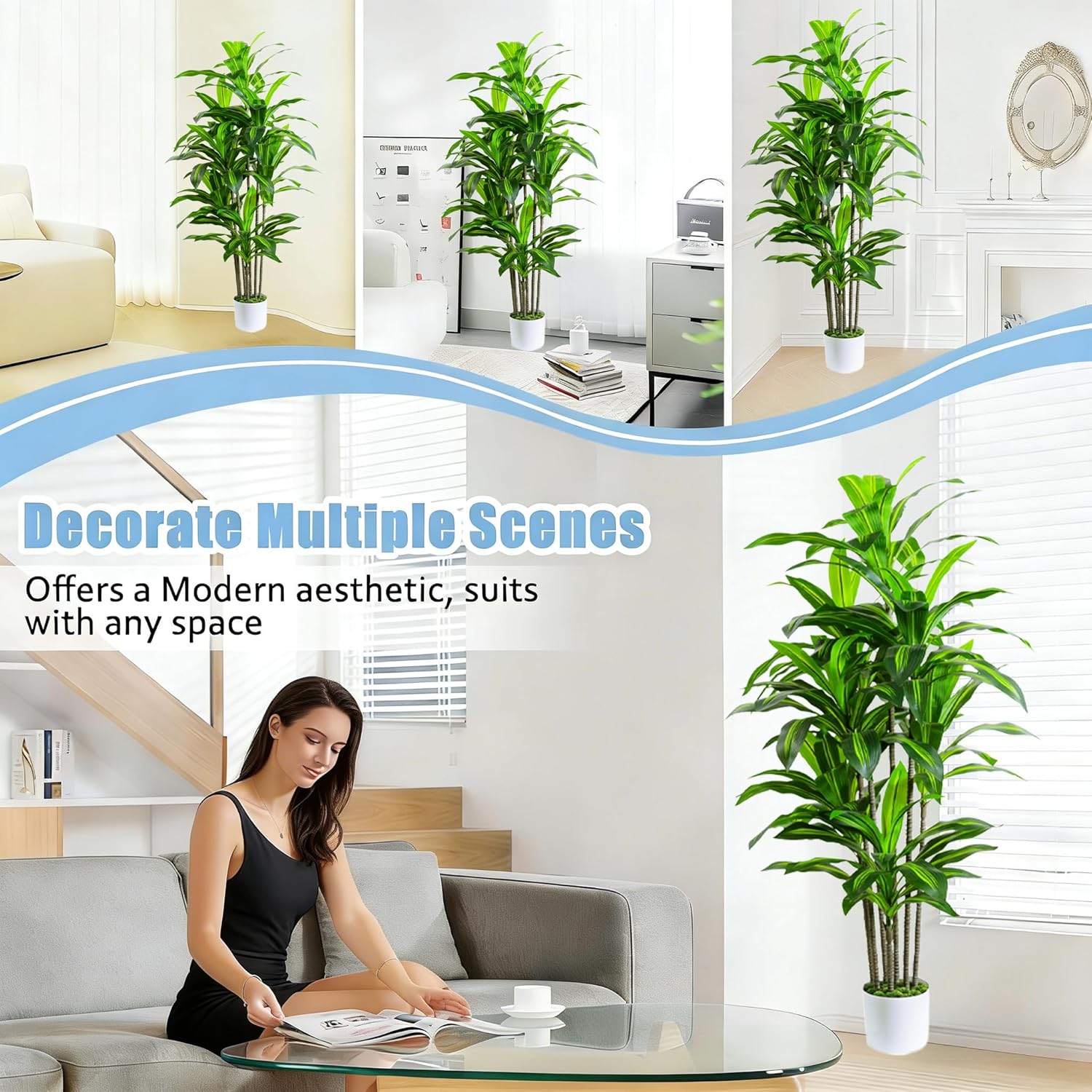 Artificial Dracaena Fake Tree 6FT, White High Pot Artificial Plants Indoor&Outdoor, Fake Plants for Office/Home/Living Room Potted Decoration - Image 7