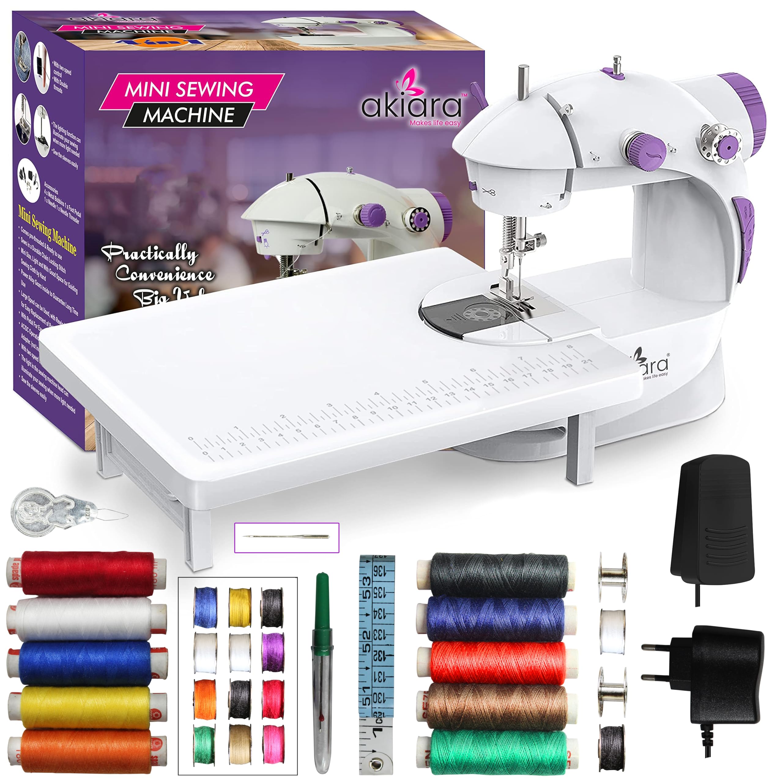 Akiara - Makes life easy Mini Sewing Machine with Table Set | Tailoring Machine | Hand Sewing Machine with extension table, foot pedal, adapter, White (With kit 2)