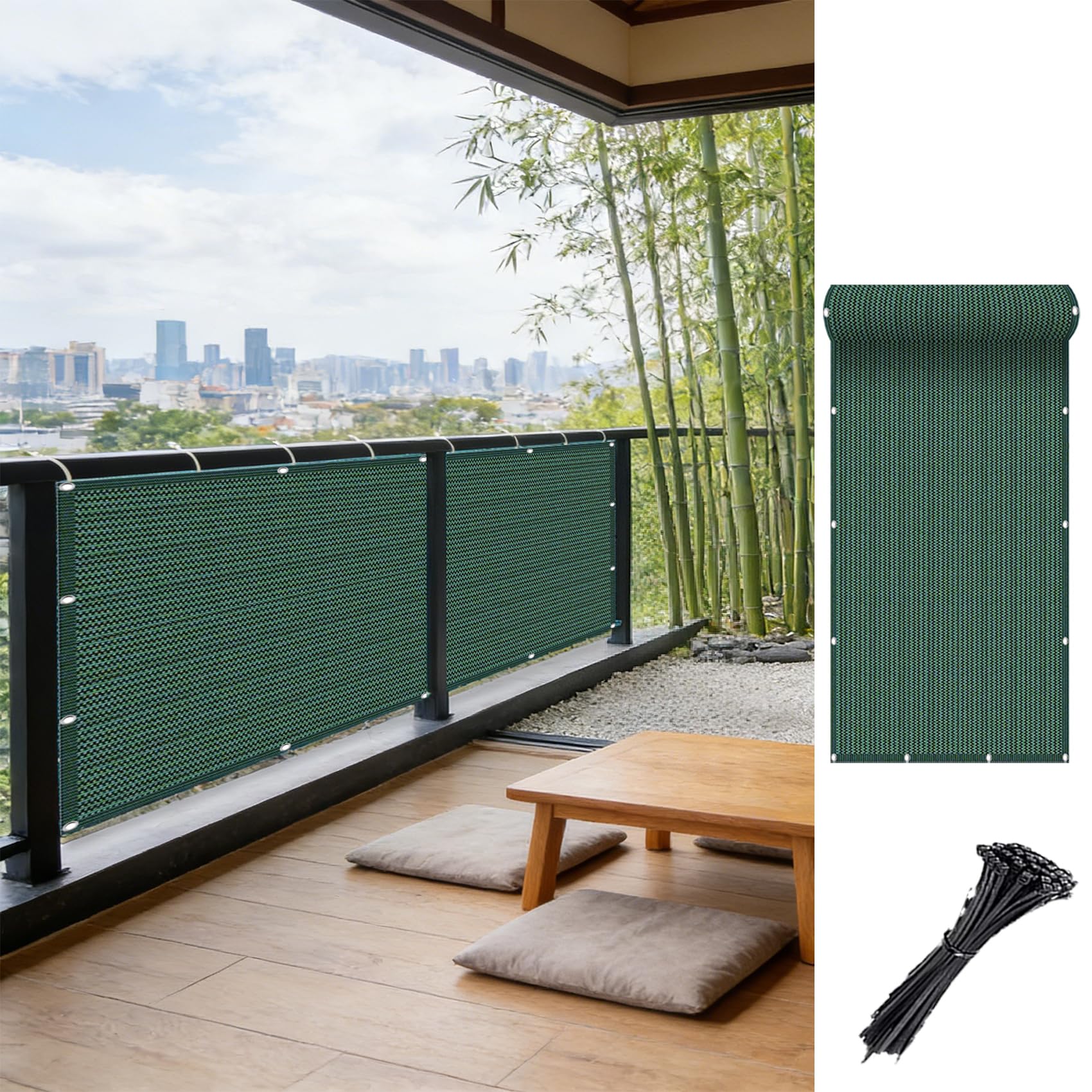 Filet d'ombrage 1.2x7m brise-vent vert pour balcon et terrasse résistant aux UV avec attaches