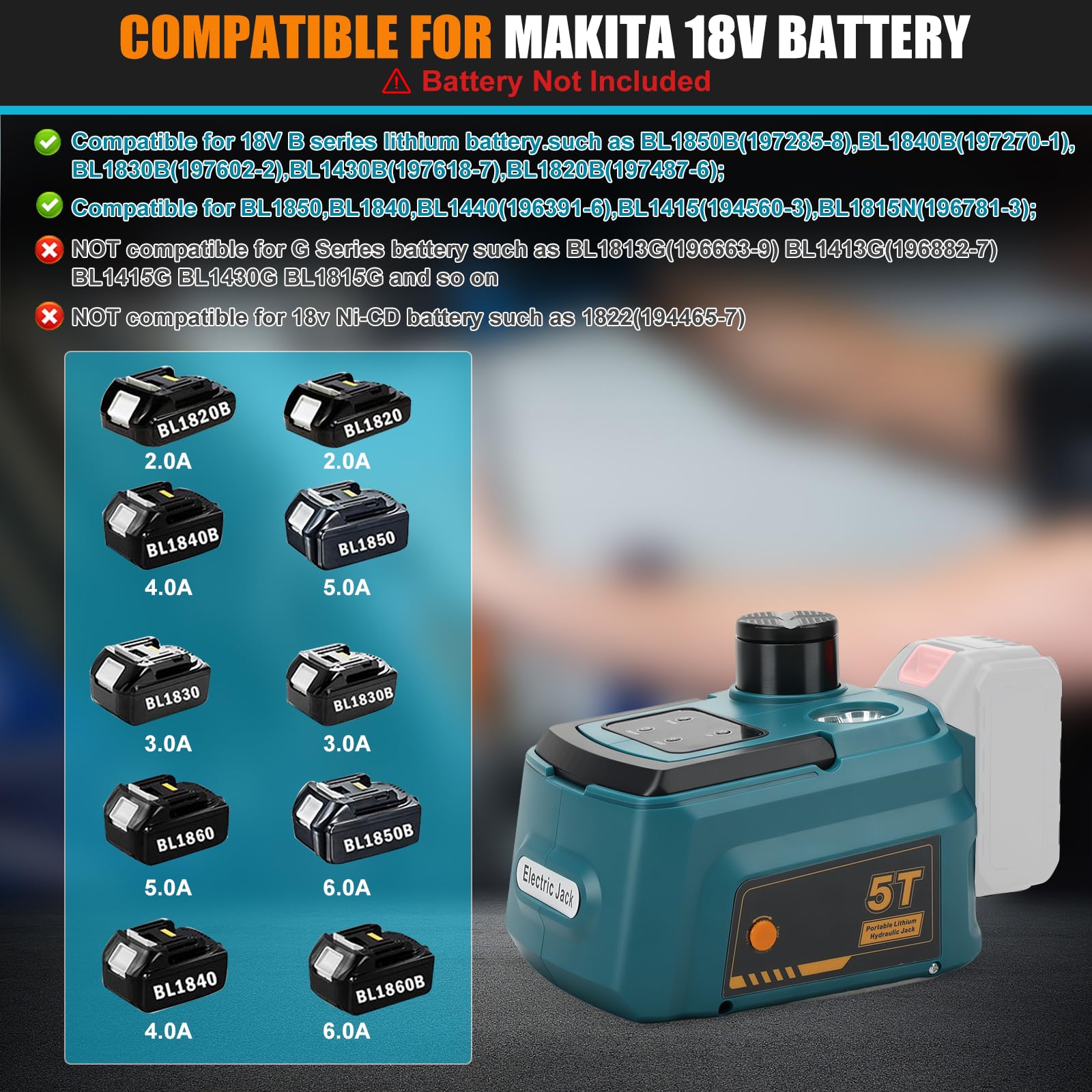 Cric idraulico 5T compatibile con Makita 18 V, elettrico cric idraulica con telecomando e illuminazione a LED, 150-450 mm, sollevatore per auto, SUV, berlina, MPV, cambio pneumatici (senza batteria)