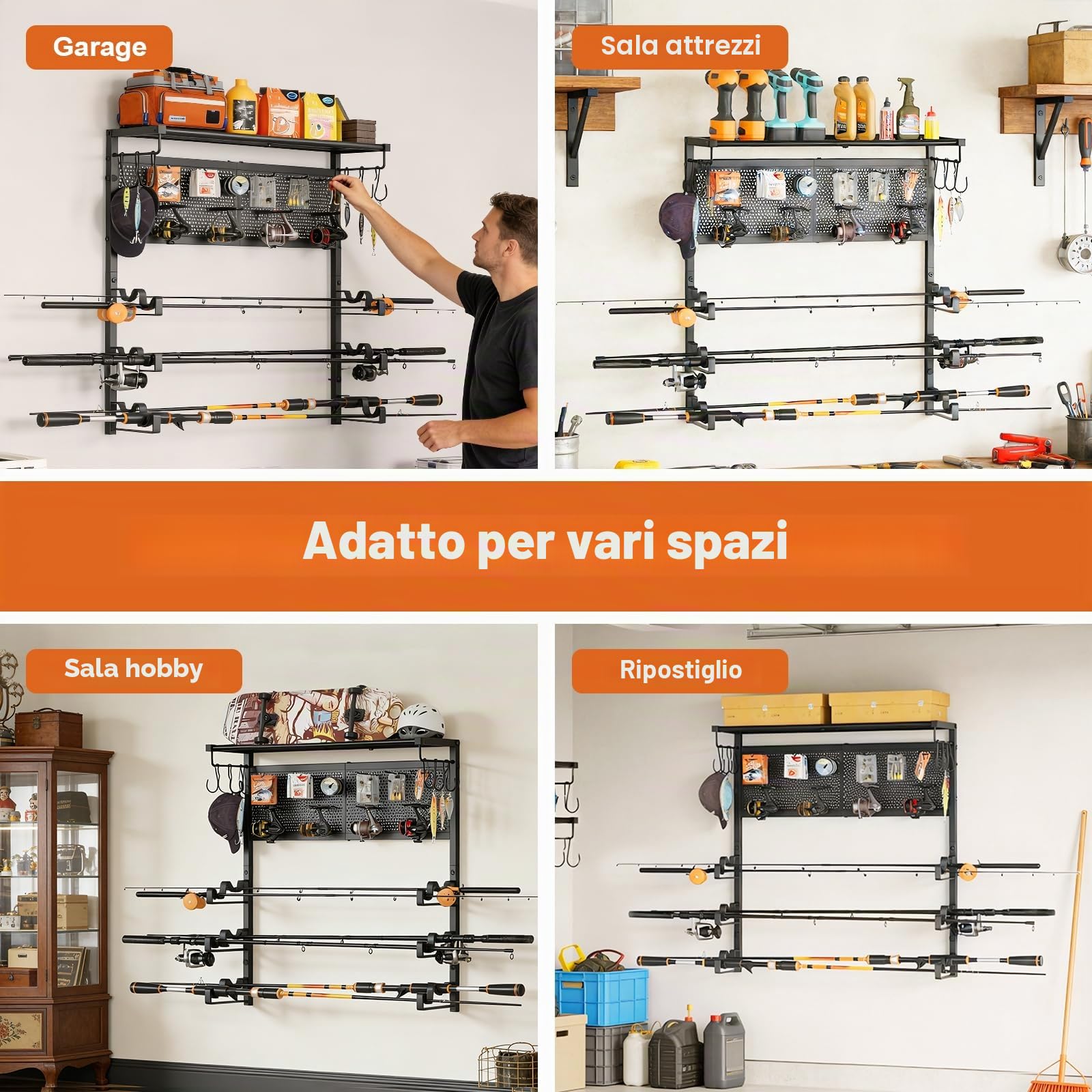 Bikoney Portacanne da Pesca Parete per Garage, Supporto Orizzontale per 6 Canne con Pannello Forato e Ganci, Rastrelliera Porta Canne Salvaspazio, Regalo per Pescatori Uomo Papà