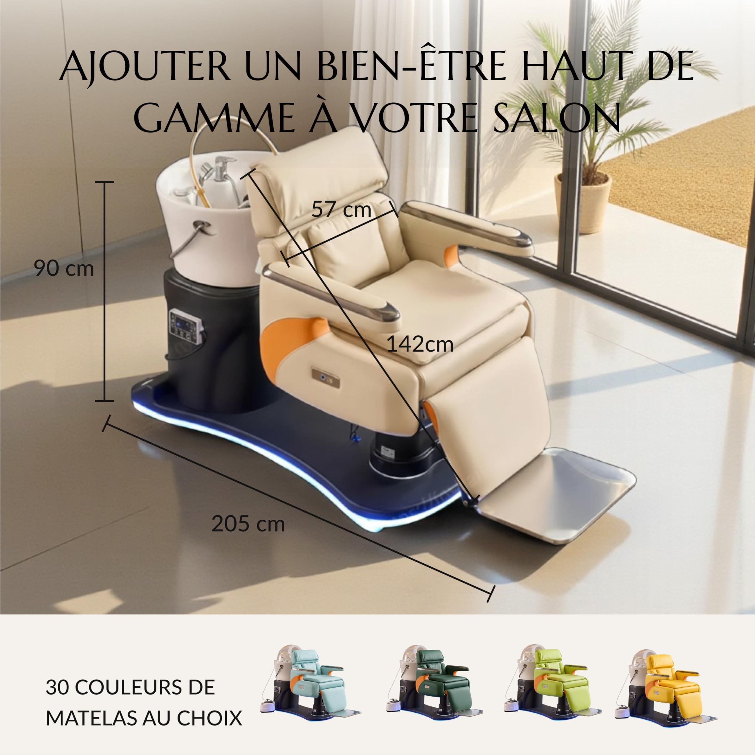 Fauteuil 4 en 1 - Lavage Cheveux, Coloration, Head Spa, Coiffure - Matelas Confort 14cm - Vasque Céramique - Arrivée Eau - Installation Facile - Matériel professionnel – Garantie 1 an