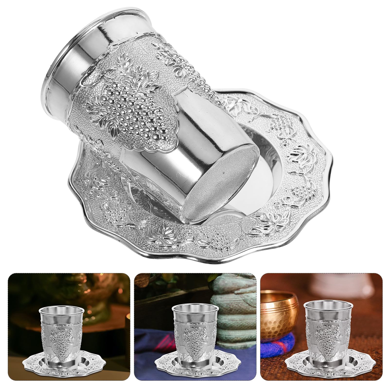 Coupe Kiddouch Soucoupe Gravée Argenté en Alliage de Zinc Set de 1 Fêtes Juives Importantes pour Cérémonie de Shabbat et Fêtes Juives Importantes