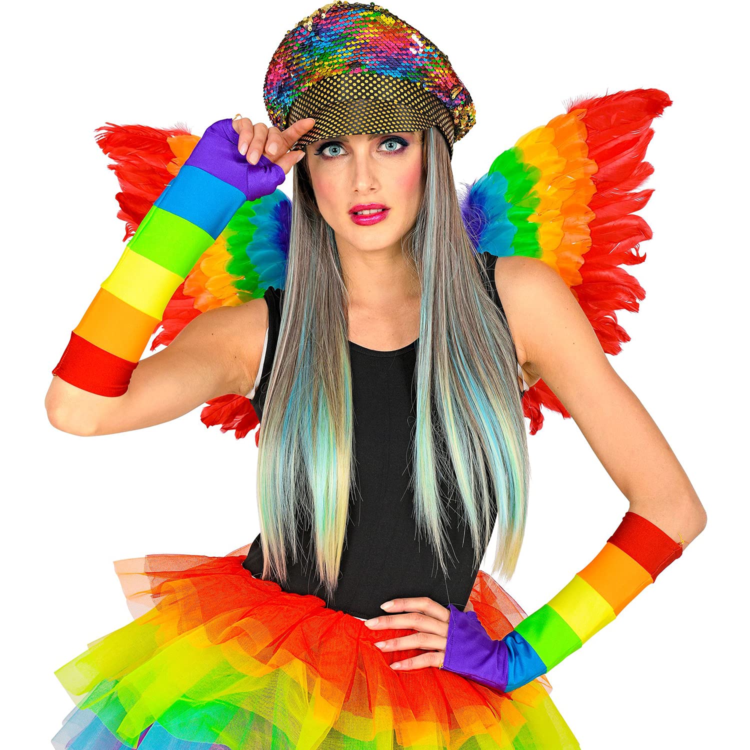 Widmann 03008, Rainbow Hat with Hair and Sequins, for Adults Shiny Headwear, Hat with Long Synthetic Hair, Accessories - Image 3