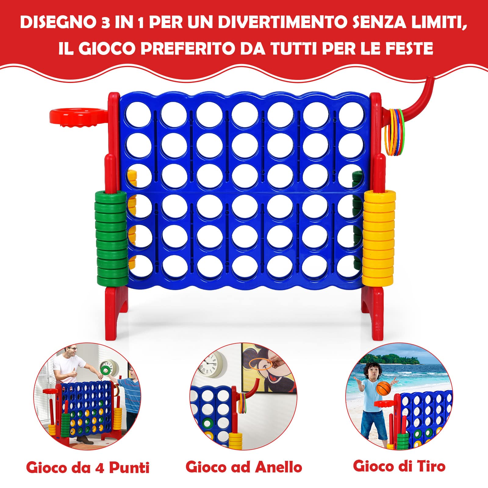 COSTWAY Forza 4 Gigante, Forza Quattro per Bambini con Canestro, Palla, 5 Anelli e 42 Piedine, Giochi Educativi da Esterno ed Interno per Vacanze e Feste, Ideale per Bambini +3 Anni