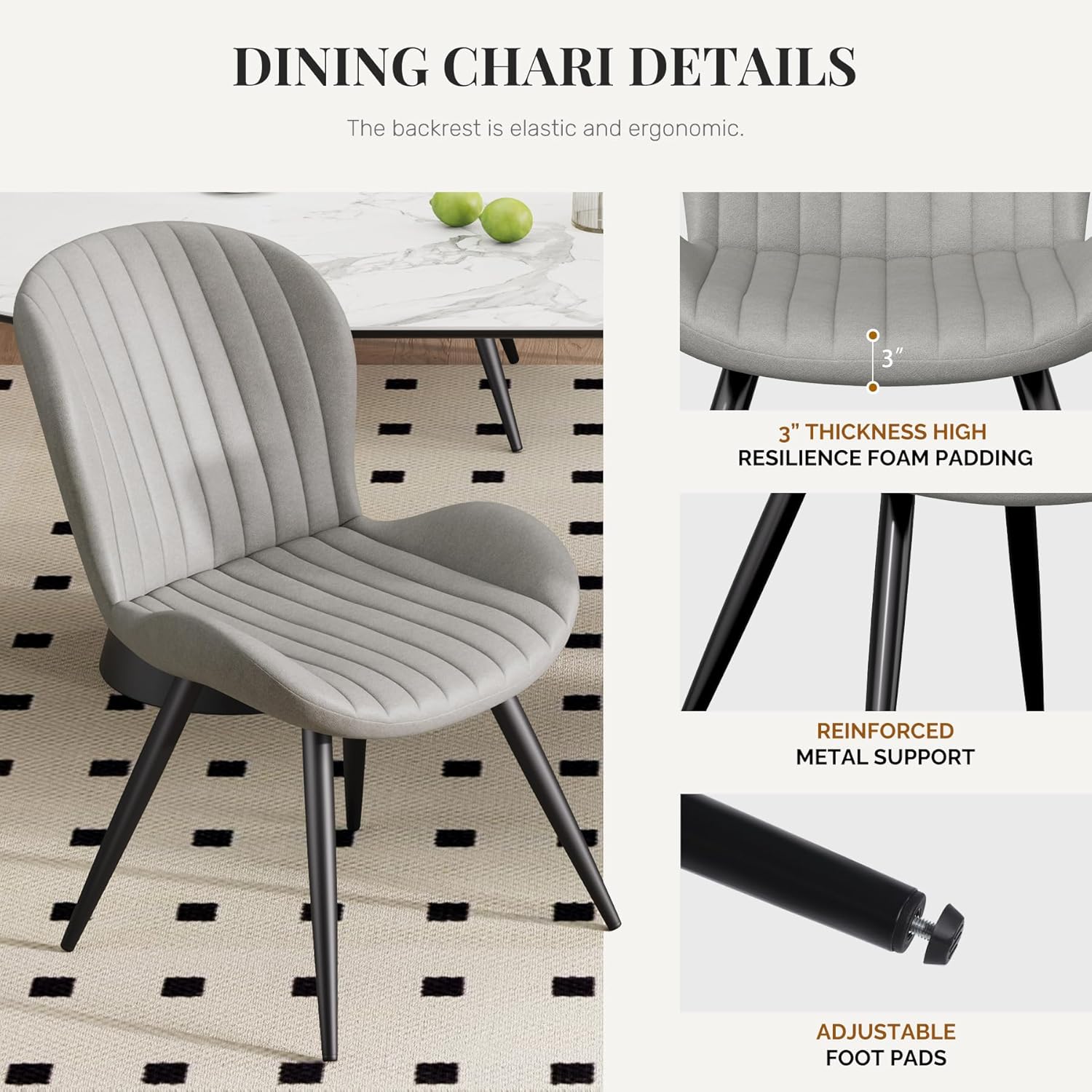 Dining Chairs Set of 4 Modern Fabric Dining Room Chairs Upholstered Dining Chairs with Thick Cushions Metal Legs Armless Back Chair for Kitchen and Living Room Light Gray Light Gray (Fabric) Set of 4